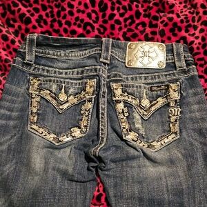 Miss Me Distressed Blue Boot Cut Jeans with Silver Accents And Sequins